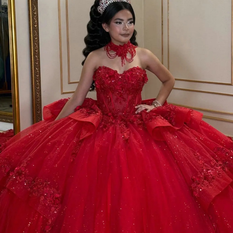 Red Appliques Lace Ruffles Quinceanera Dresses Ball Gown Sweetheart Sleeveless Bow Sweet 15 Anos Mexican