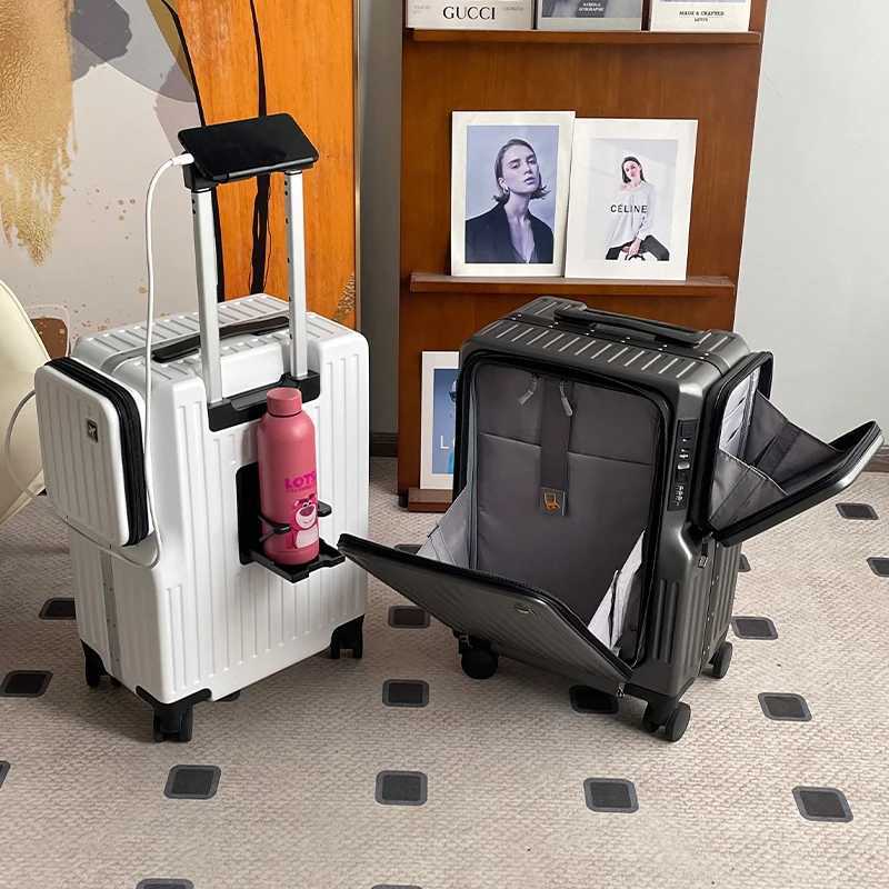 FrontOpening Luggage Multifunctional Travel Suitcase 20Inch CarryOn Business Aluminum Frame Side Pocket Trolley SuitcaseW251024