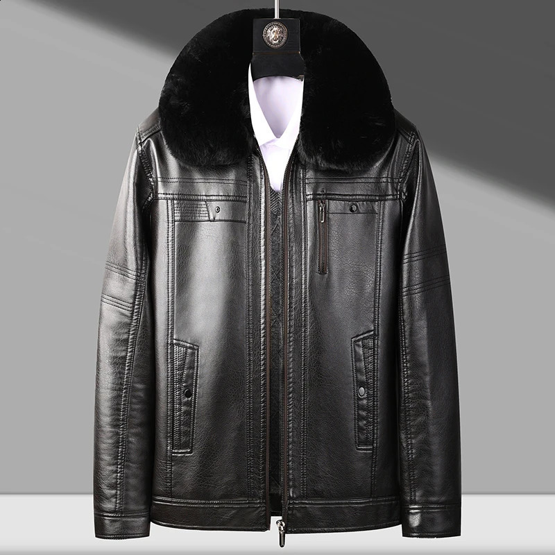 Middleaged and Elderly Mens Leather Jacket with Fleece Lining Thickened Winter Coat for Dad Fur Collar Elderly Mens Wi 251023