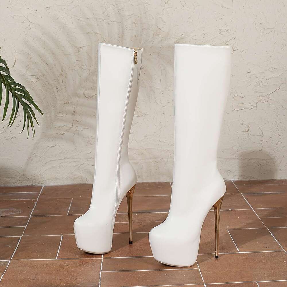 1Pr Elegant White Knee-High Boots For Women - 17Cm Ultrahigh Stiletto Heel, Round Toe, Solid Color, All-Season, Comfortable Riding Boot With Fabric In