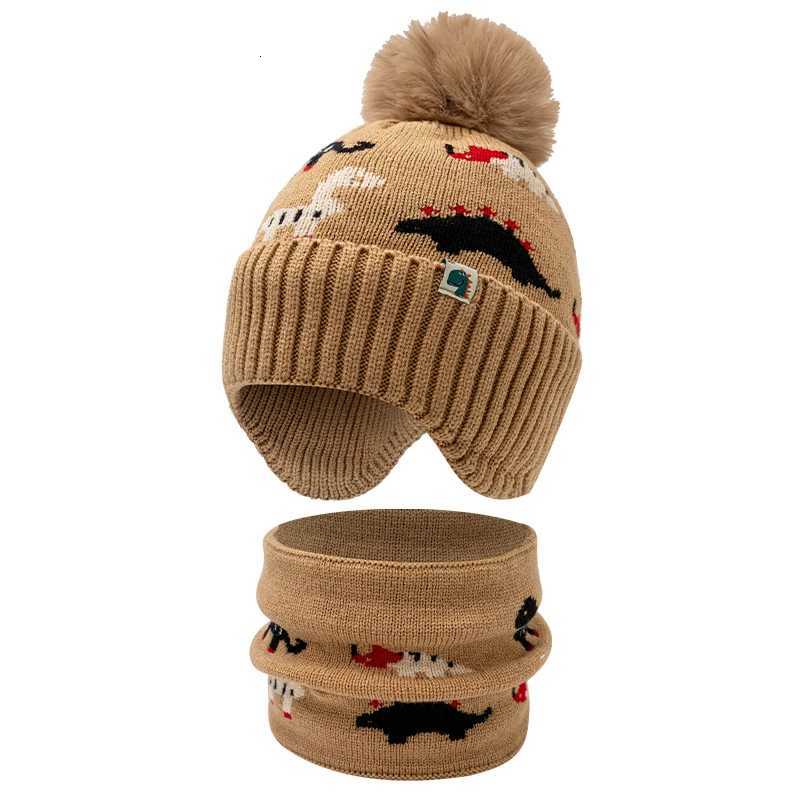 2pc312Y Childrens Little Dinosaur Knitted Cap Childrens Warm earprotecting hat Scarf Set autumn and winter hatL251024