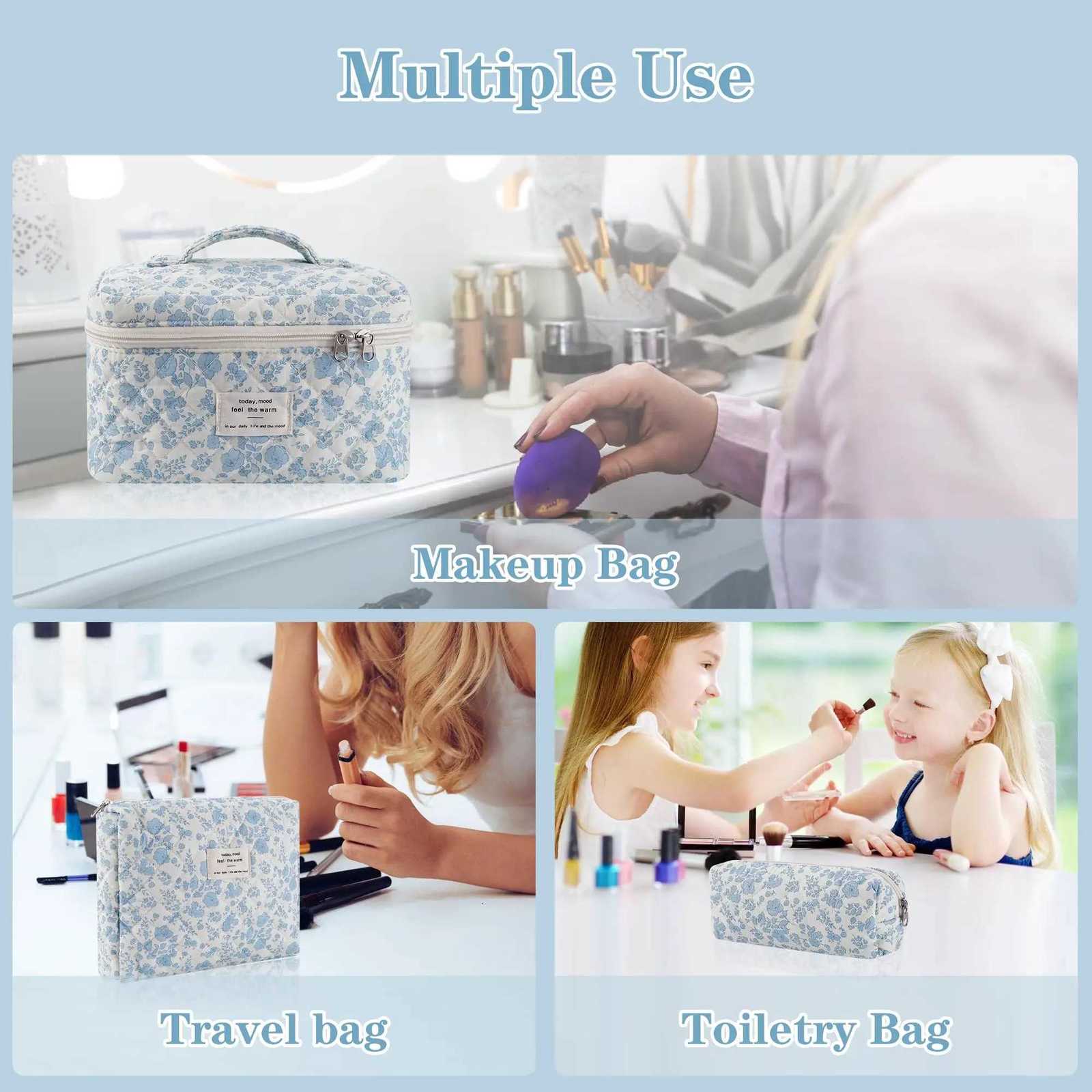 3Pcs Cotton Quilted Makeup Bag Set Women Zipper Cosmetic Organizer Female Cloth Handbag Portable Toiletry Case for GirlsT251024