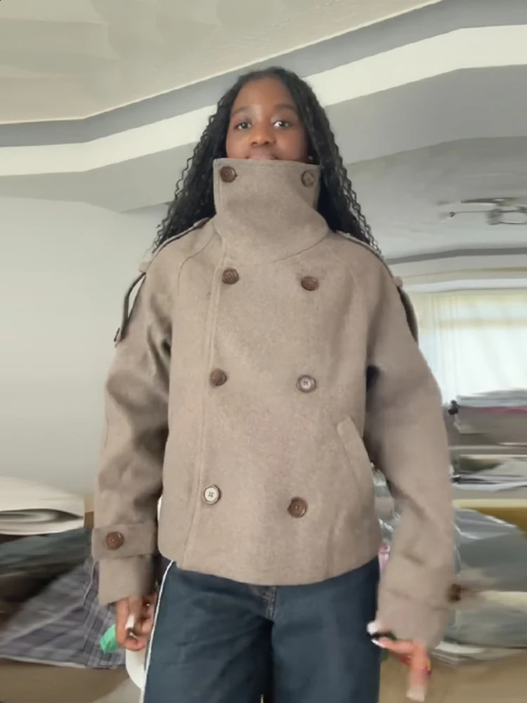 Casual Turtleneck Womens Woolen Coats Stand Collar Double Breasted Long Sleeve Pockets Jackets 2025 Autumn Winter Lady Outwear 251016