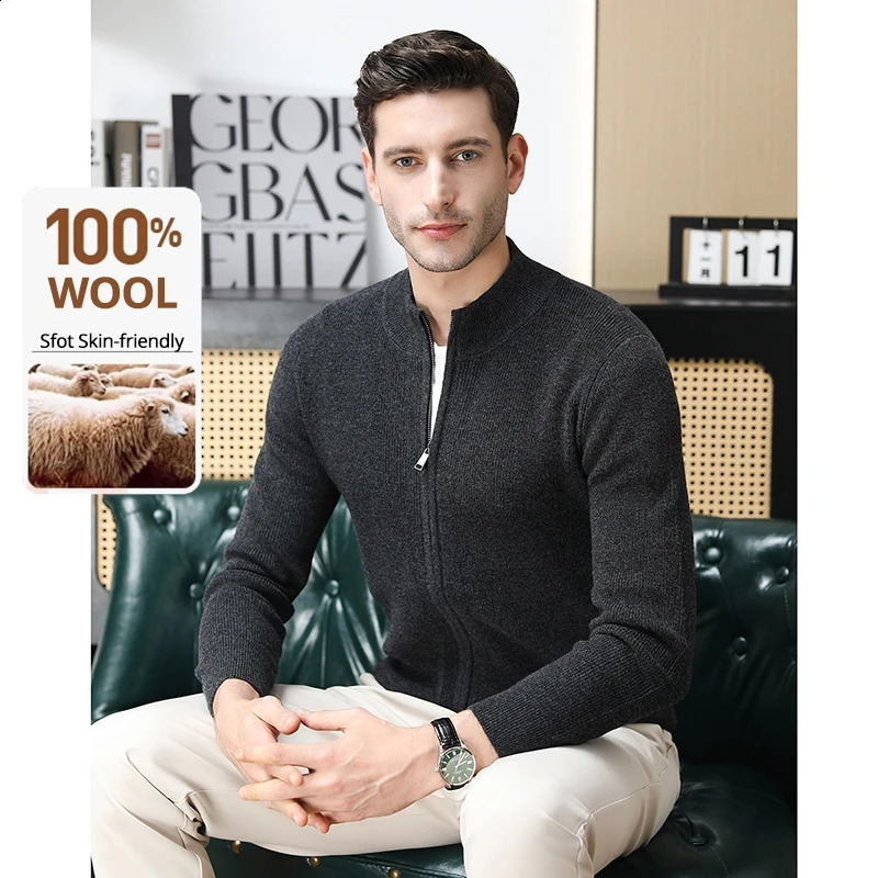 High End 100 Australia Wool Cashmere Fashion Knit Cardigan Men Sweater Casual Zip Up Autum Winter Coats Jacket 251015
