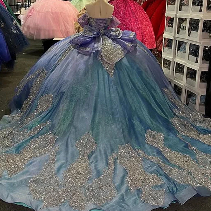 Blue Shiny Off The Shoulder Quinceanera Dresses Lace Applique Beading Crystal Tull Corset Birthday Sweet 16 Dress Vestidos 15 De Anos