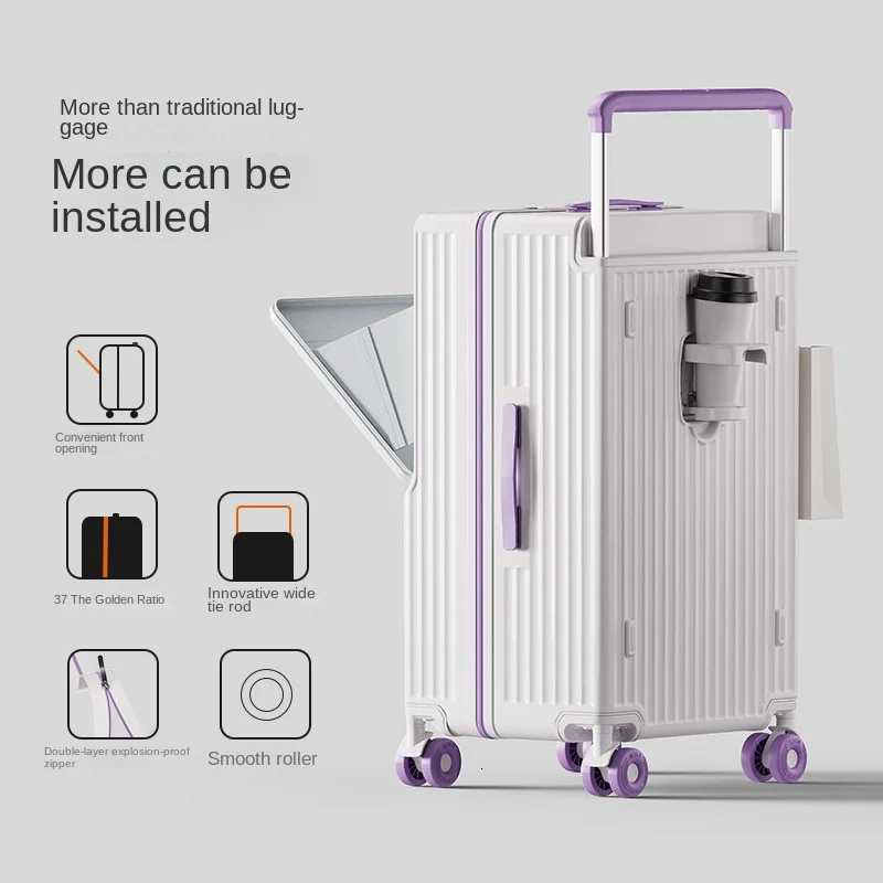 New Wide Tie Rod Luggage Front Opening Laptop Bag Multifunctional Travel Suitcases 20 inch Cabin Bag 2430Large Size SuitcasesW251024