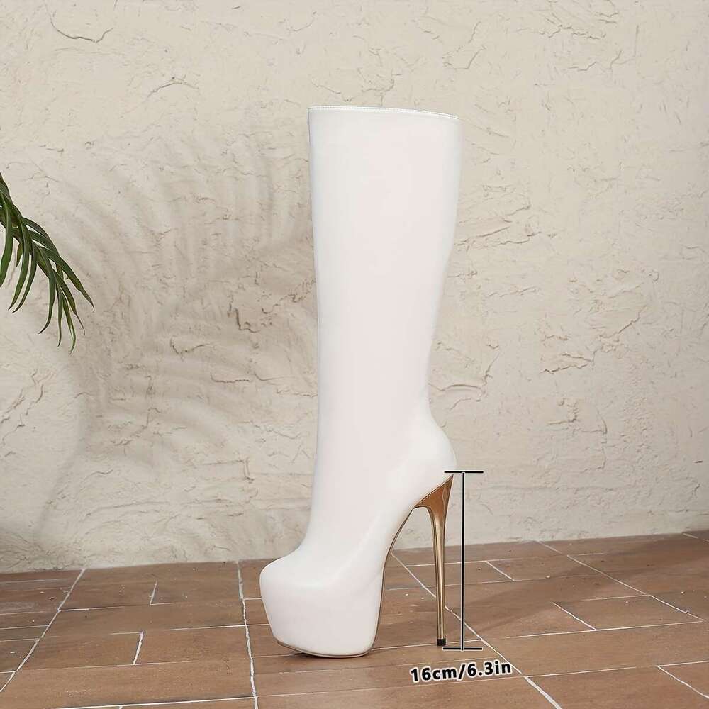 1Pr Elegant White Knee-High Boots For Women - 17Cm Ultrahigh Stiletto Heel, Round Toe, Solid Color, All-Season, Comfortable Riding Boot With Fabric In
