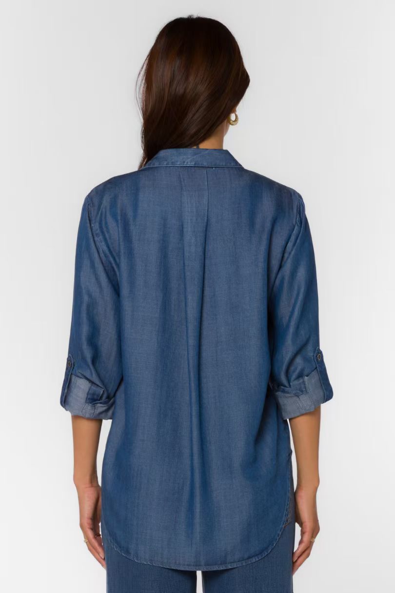 Advanced women's denim button up shirt - Selena Calva shirt, an ideal choice for casual and office wear, a must-have for multifunctional and comf