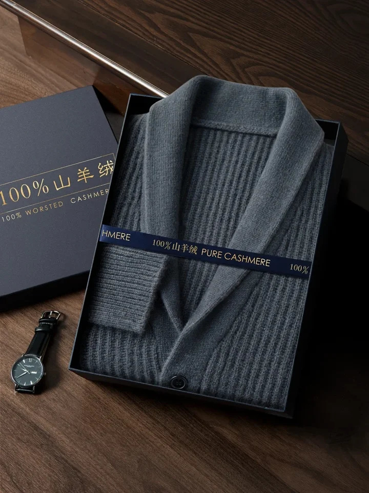 Mens Heavy Thick 100 Pure Cashmere Cardigan Olive Warm Collar HighEnd Sweater Coat Super Handsome 251015