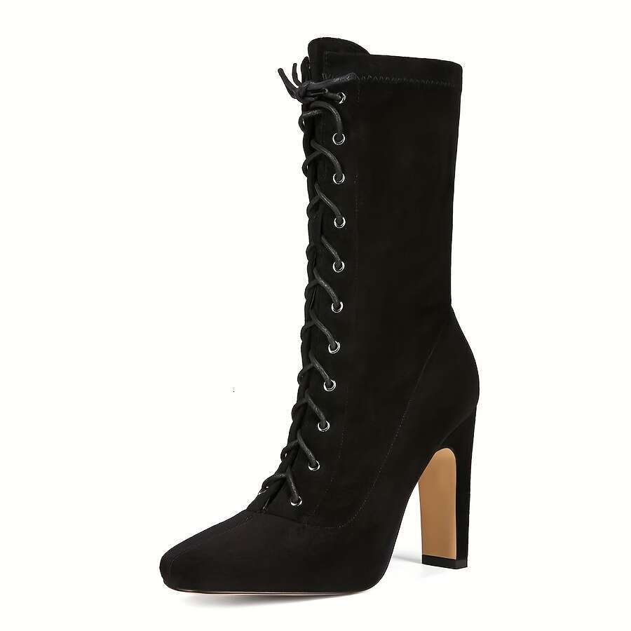 Women's Black Square Toe Platform Pumps - Adjustable Lace-Up Ankle Strap, French Block Heel, Fabric Upper Rubber Sole For All-Season Formal & Cas