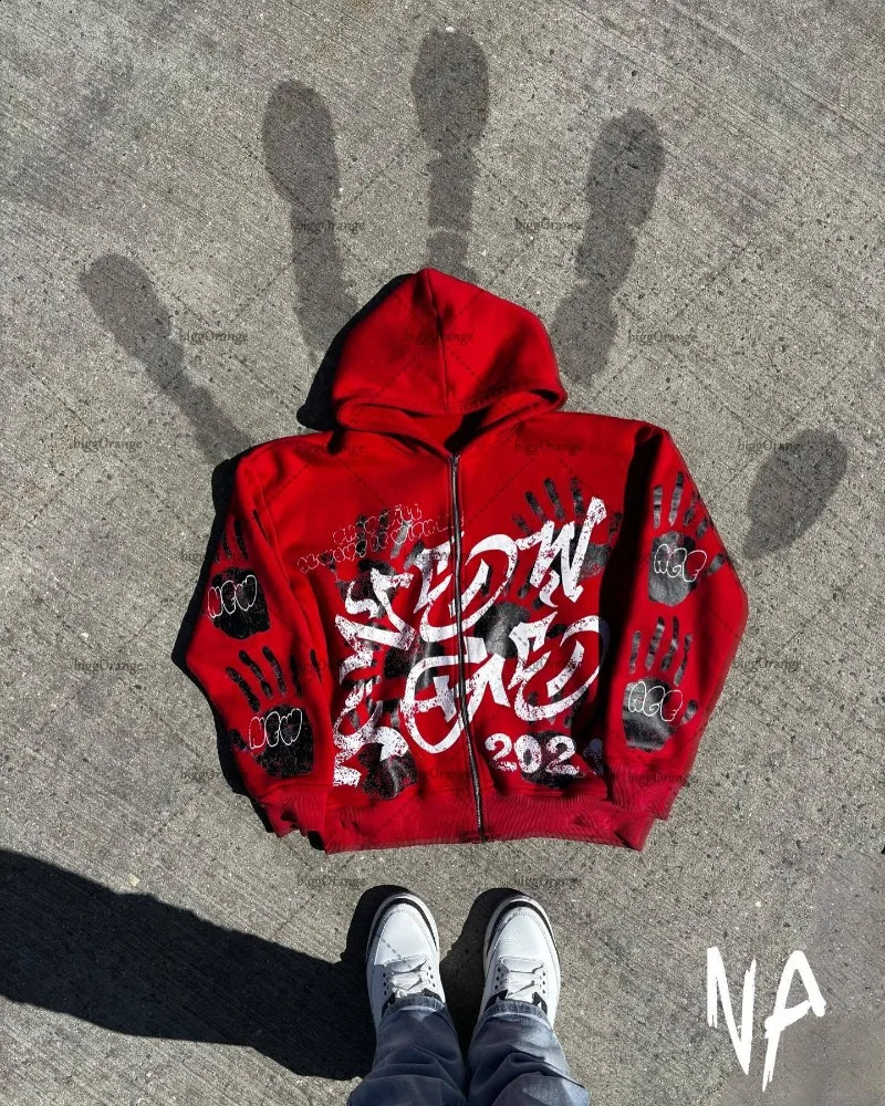 Punk Harajuku Hiphop Cartoon Letter Print Loose Sweatshirt Men Casual Streetwear Y2K Rock Trendy Oversized Zipper Hoodie Women 251018