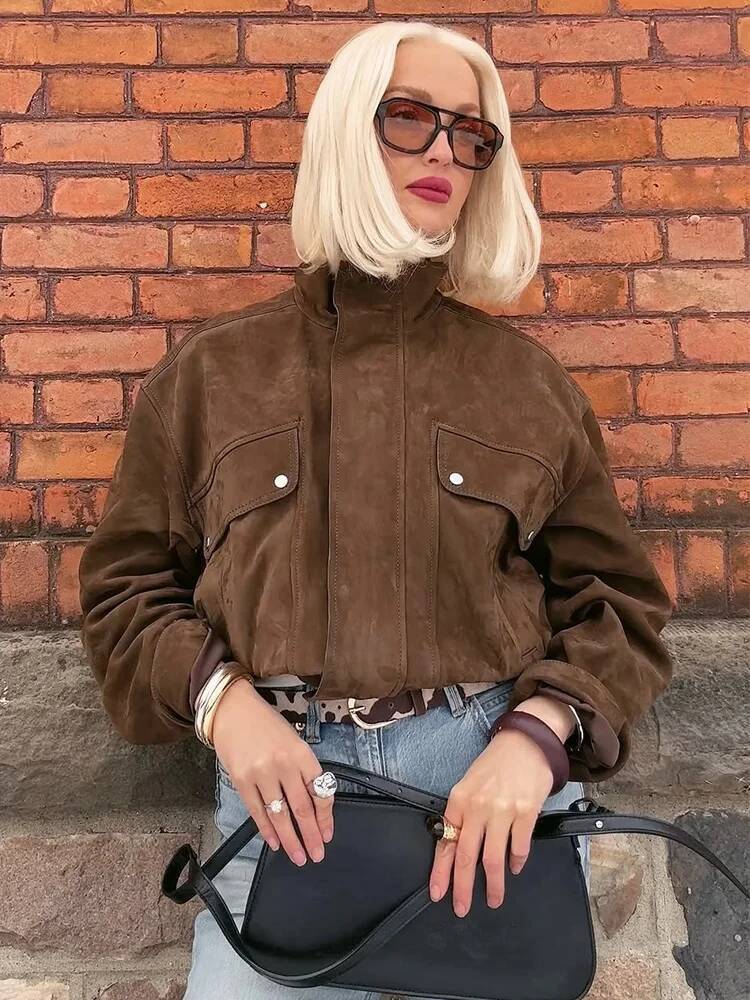 Vintage Brown Women's Suede Jacket Women Zipper Long Sleeve Pocket Loose Short Bomber Coat 2025 Spring Lady High Street Outwear dongdumaoyi