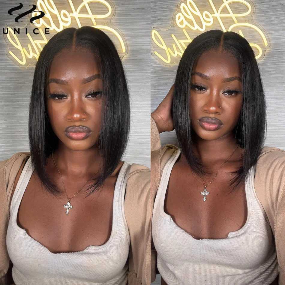 UNice 7x5 Pre Cut Pre Bleached Glueless Wig Silky Straight Bob Wig Short Human Hair Bob Lace Front Wig Human Hair Ready To Wear W251023