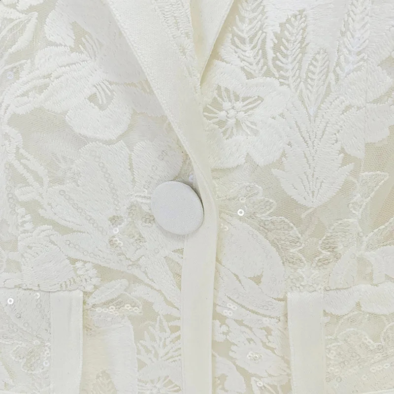 JAMERARY Fashion Mesh Embroidered Blazers Jackets Wide Leg Pants Sequins Suit Coat Women Pants White Lace Two Piece Set 251023