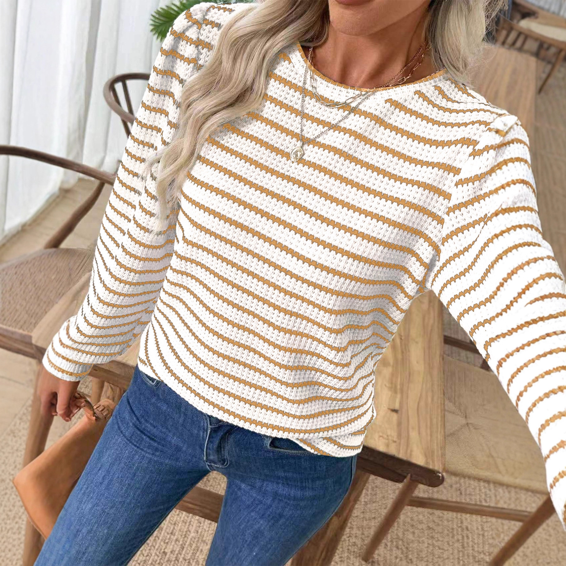 2025 Autumn Winter New Women's Striped Round Neck Drop Shoulder Lantern Casual Long Sleeve Top