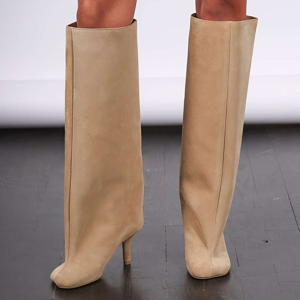 Knee High Women Square Toe Stiletto Heel Tall Wide Calf Long Heeled Slouchy Boots Winter Warm Walking Office Shoes
