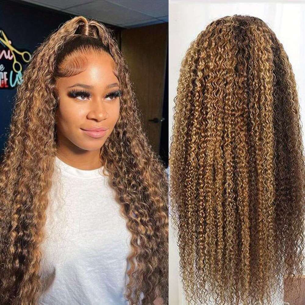 Honey Blonde Deep 100% 13x4 Frontal 4/27 Highlight Front Kinky Curly For Black Women Hd Transparent Lace Wig Human Pre Plucked With Baby Hair