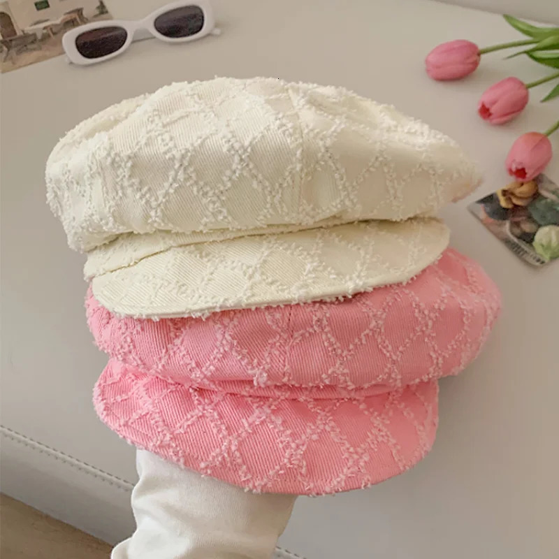 Korean Niche Solid Color Berets Caps for Women Summer and Autumn Rough Edge Plaid Versatile Retro Octagonal Hats 251023