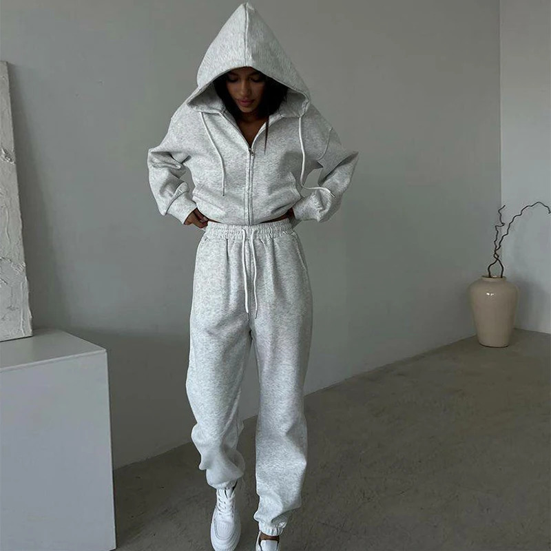 Womens sportswear two pieces set Solid color long sleeved zipper hoodie Elastic laceup pants Spring female tracksuit suit 251013