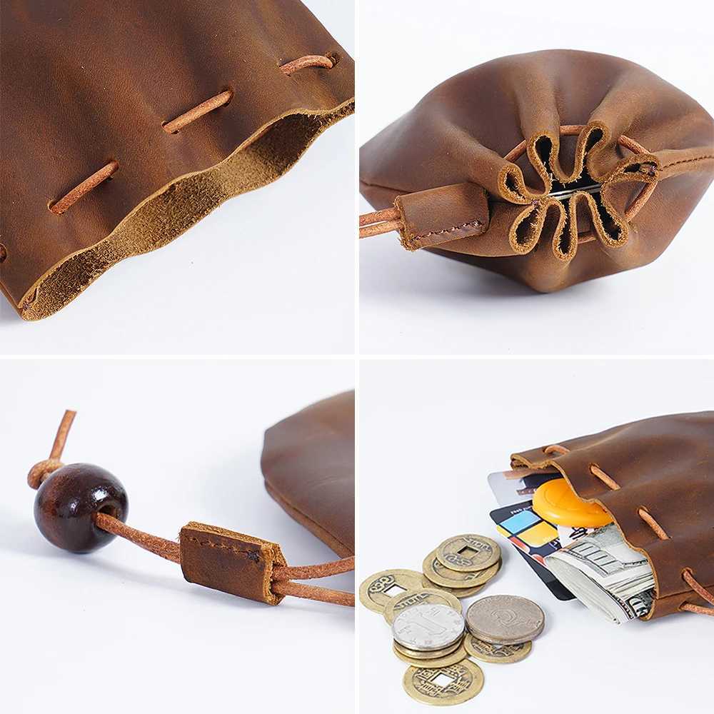 AIGUONIU Original Handmade Genuine Leather Unisex Coin Purse Cow Leather Coins Money Pocket Retro Wallet Drawstring Storage Bag Z251023