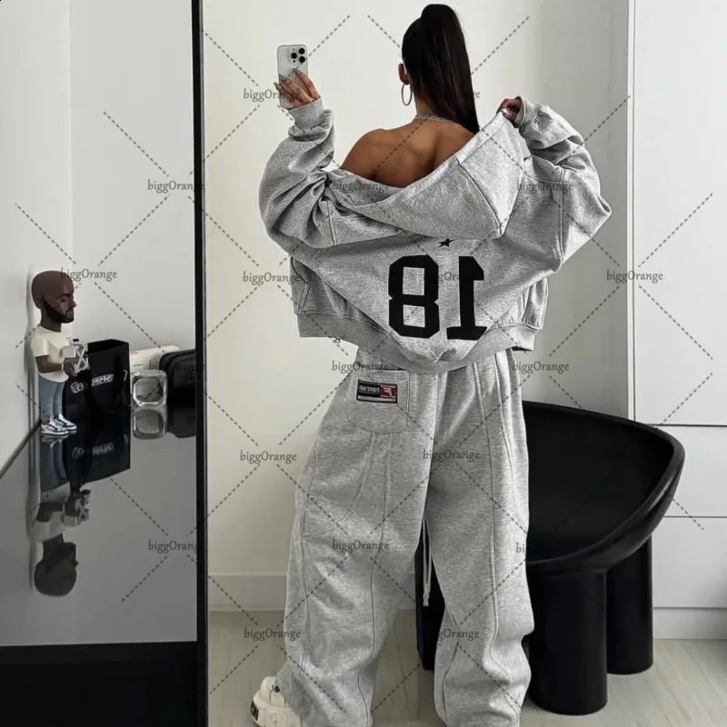 European and American Winter Loose Zipper Hoodie Pants Suit Men Y2k Gothic Punk Retro Oversized Sweatshirt Casual Pant 251018