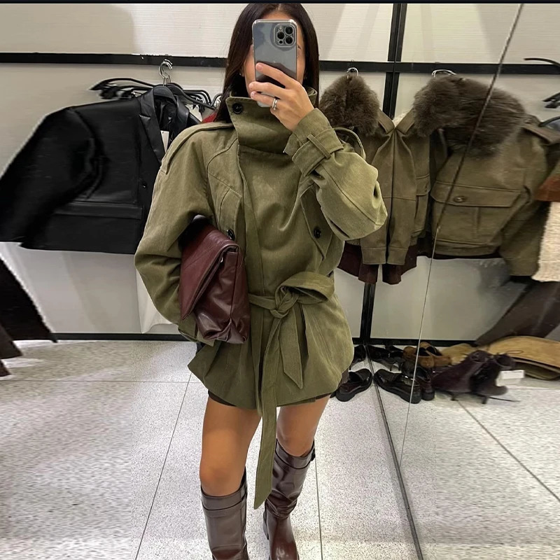 Womens Jacket Long Sleeve Button With Belt Coat Lace Up Stand Collar Outerwears Autumn Chic High Street Lady Jackets 251021