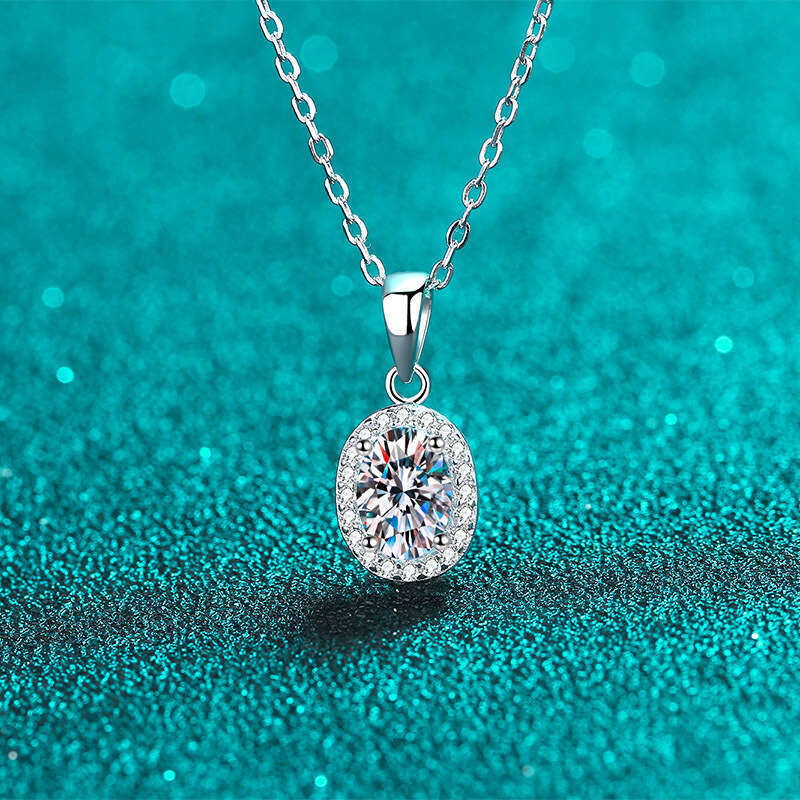 DHCollections-- Sterling Sier Oval Cluster Inlaid Necklace for Women with Moissanite, Petite Collarbone Chain, PT950 Gold Plated Jewelry
