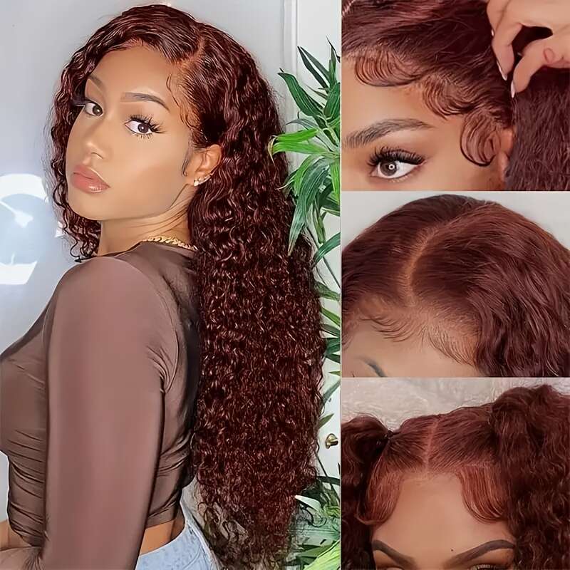 Women'S Brazilian Human Hair Glueless Wig HD Deep Wave 180% Density Red Natural Brown Base with Blonde Highlights, 5x5 Lace Front Closure, Comfor