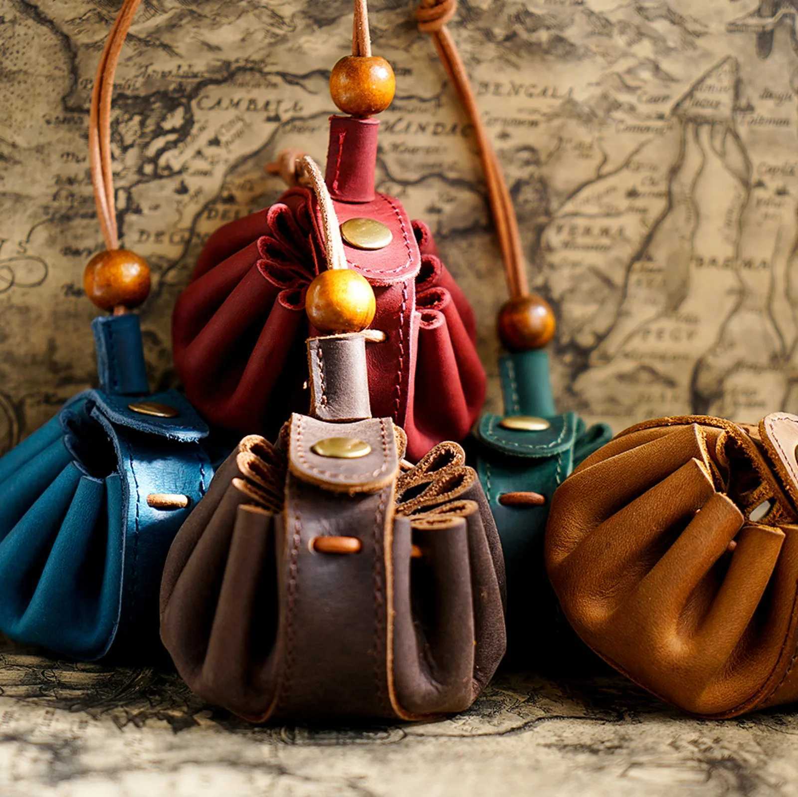Genuine Leather Drawstring Pouch Portable Coin Purse Key Holder with Snap Handmade Mini Coins Organizer Bag Z251023