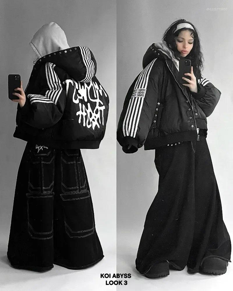 Women's Jackets Harajuku Street Hip Hop Striped Loose Zipper Jacket Warm Cotton-padded Goth Fashion Personality For Men And Women