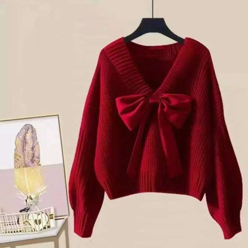 Big Bow Knitwear Sweater For Women Patchwork Red Christmas V-Neck Batwing Sleeve Pullover Female Knit Elegant Pullove