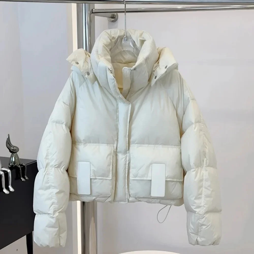 White Duck Down Coat Bread Parka Down Jacket Women Stylish Cropped Hooded Winter Puffer Jacket Long Sleeve Thicken Loose 251023