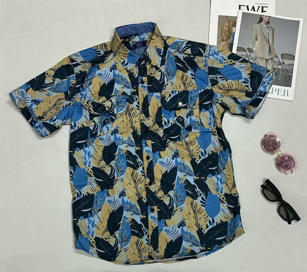 Men's Loose Short-Sleeve Shirt with Digital Print & Pocket Design, Trendy Summer Casual Button-Down, Breathable & Stylish Quick drying anti wrink
