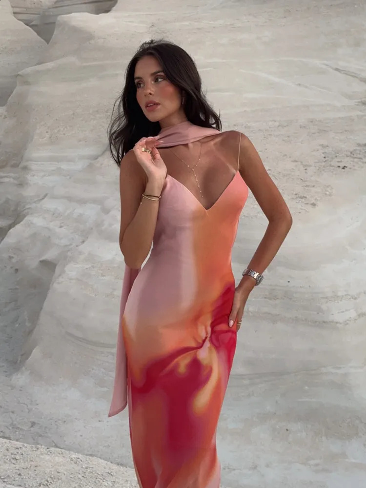 UNIZERA Scarf Printed Backless Long Dress 2025 Summer Arrivals Womens Wear Elegant Satin Textured Dress 251023