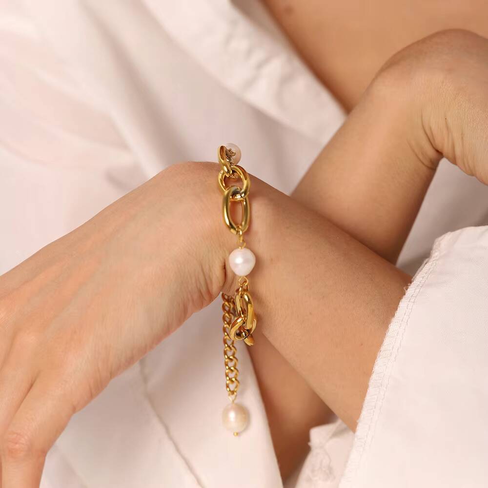 French Vintage Freshwater Pearl Oval Niche Cuban Bracelet Chain