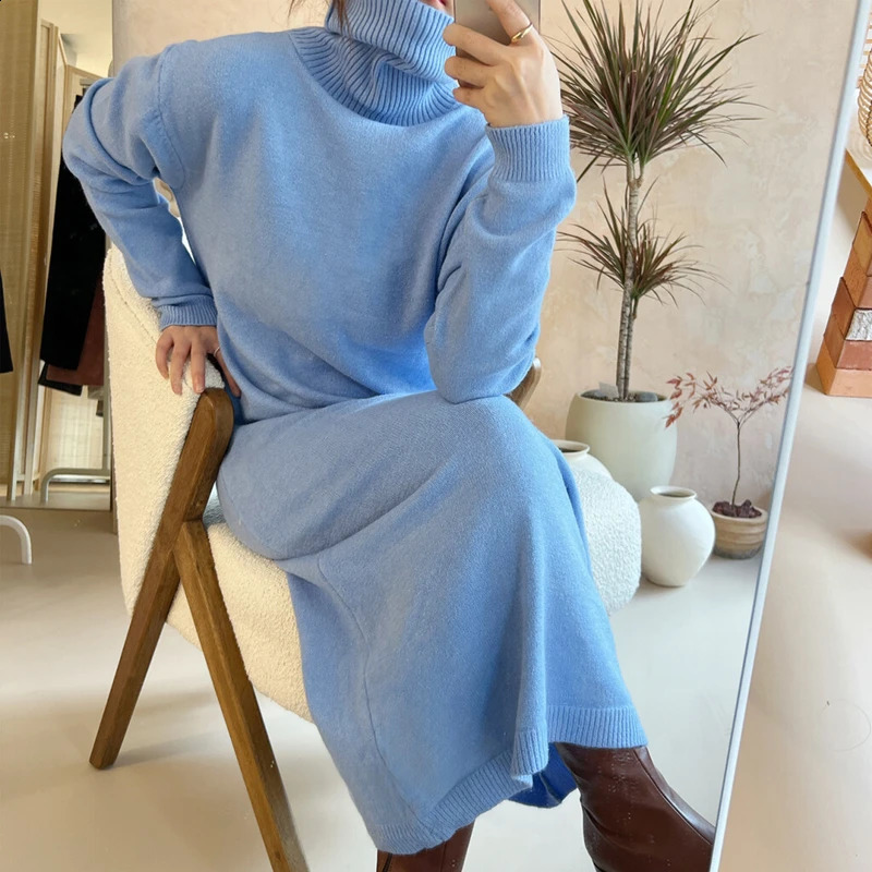 2025 Autumn Winter Sweater Dress Women Japanese y2k Turtleneck Long Sleeve Thicken Loose Knitted Long Dresses 251023