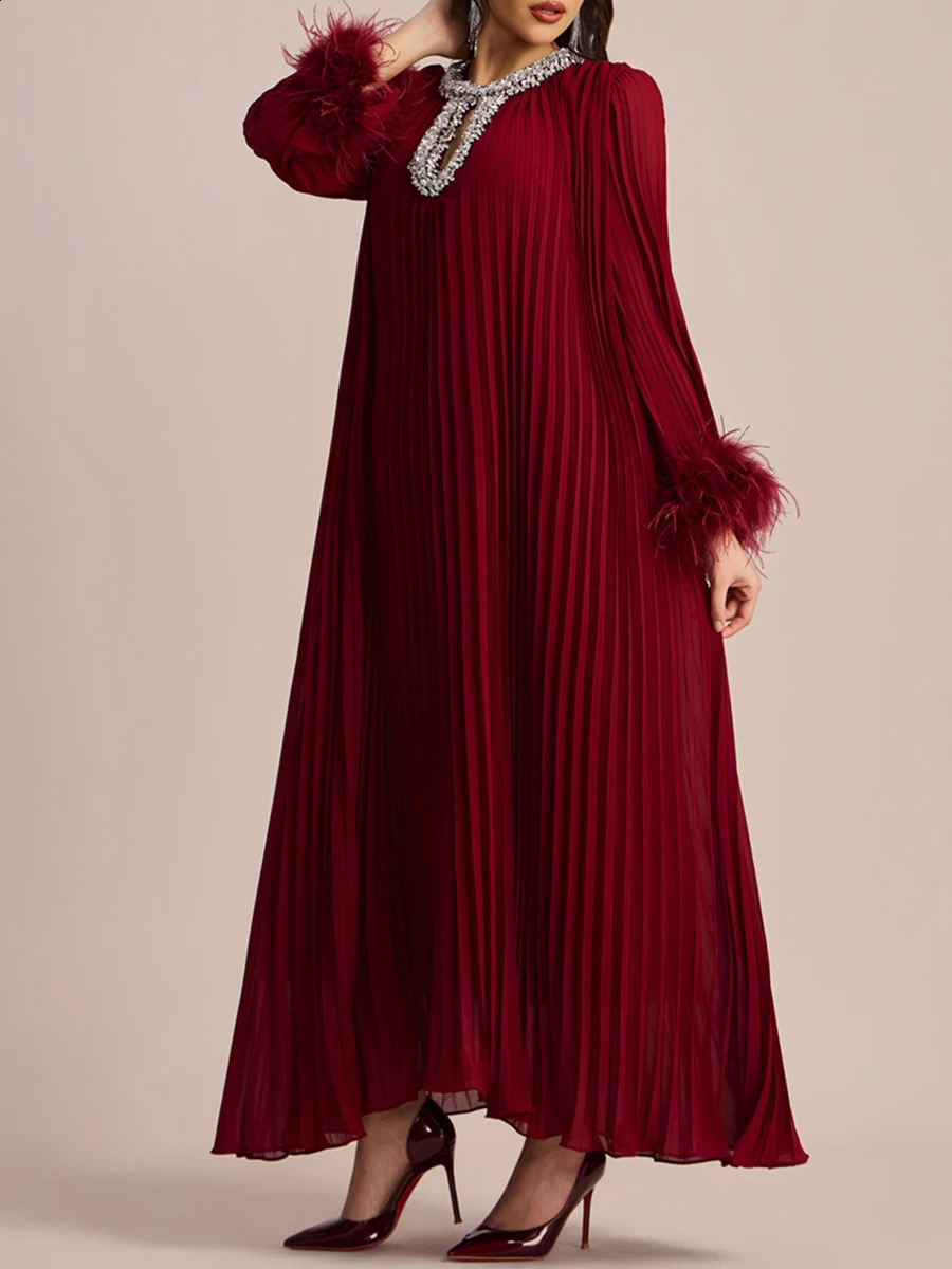 VGH Fashion Spliced Feathers Loose Chic Dress For Women O Neck Long Sleeve Hollow Out Patchwork Diamonds Pleated Dresses Female 251020