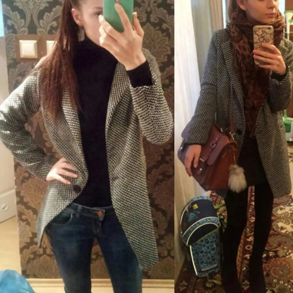 Plaid Women Woolen Coat Slim Fit Women Woolen Plaid Jacket Washable Single Button Long Sleeve Overcoat Lady Outwear Winter Coat 251020