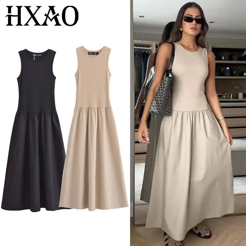 HXAO Knitted Dresses 2025 Woman Sleeveless Black Long Dress Women Bodycon Summer Solid Dresses One Pieces Midi Casual Dresses 251023