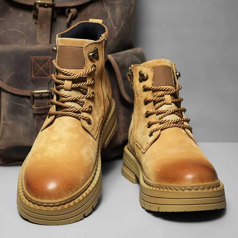 Suede Leather Hightop Shoes for Men Versatile Leisure Walk Ankle Boots Outdoor Mens Motorcycle Boots NonSlip Walking Shoes W251024