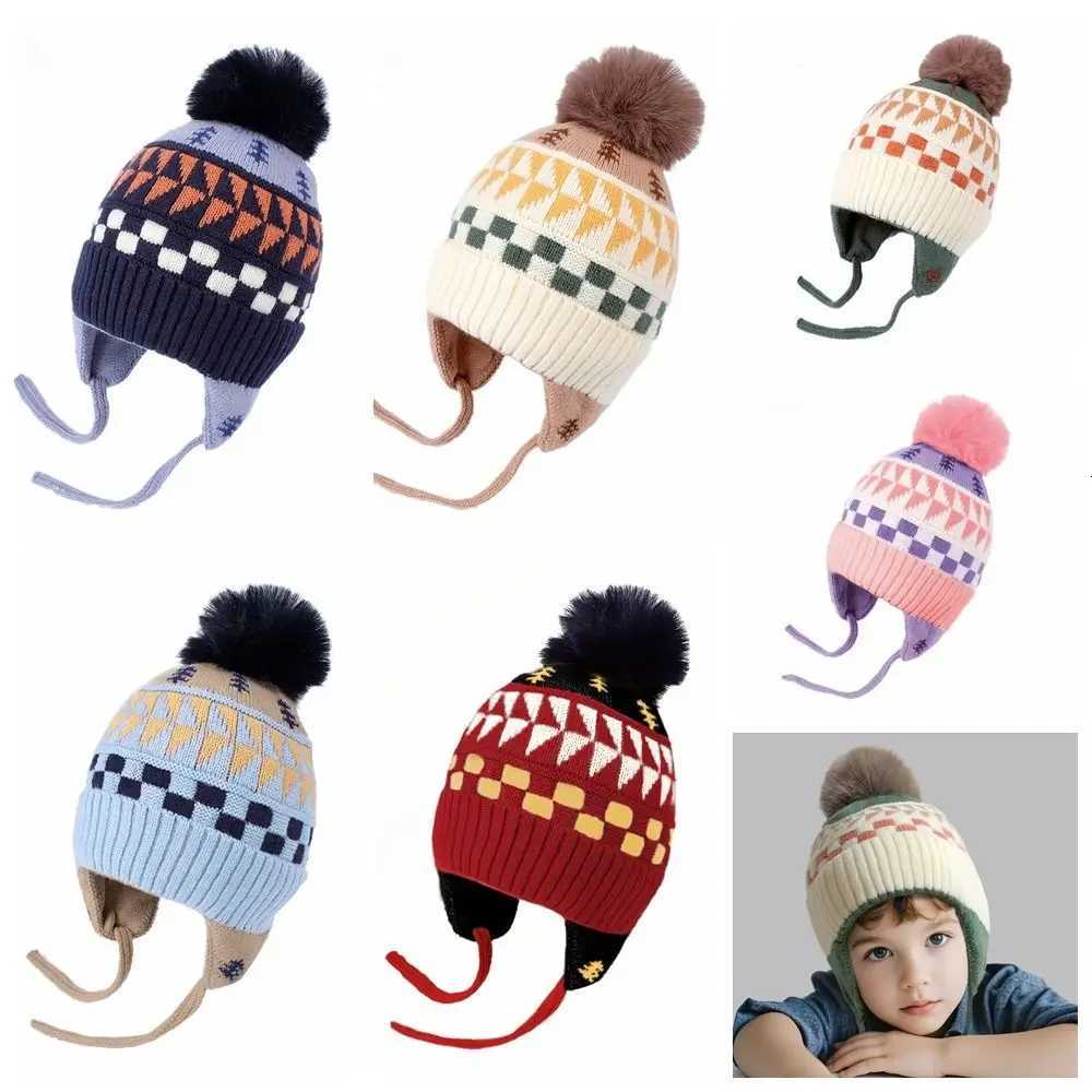 Lovely Jacquard Baby Knitted Hat Hairball Warm Children Beanies Cap Thicken Fleece Wool Kids Earmuffs Cap WindproofL251024