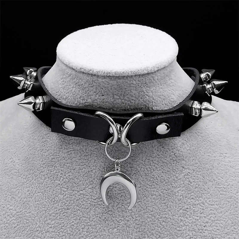Punk Crescent Moon Harajuku Choker Goth Rivet Necklace Stainless Steel Pendant Pu Leather Chain Gothic Black Necklace Jewelry 251023