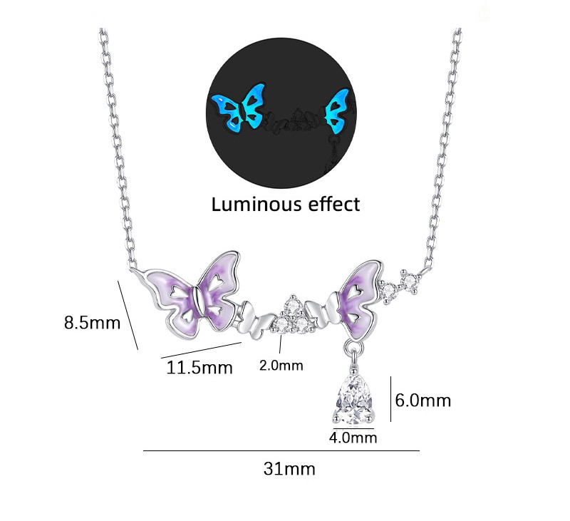 TaiYang New S925 Sterling Silver Purple Butterfly Dream Necklace, Fluorescent Glow Fringe Pendant with Ethereal Fairy Aesthetic