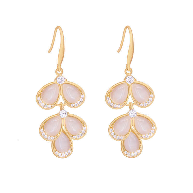 High-End Cat's Eye Stone Petal for Women, Exquisite Versatile Niche Design Korean Earrings, Elegant Internet Celebrity Drop Earrings