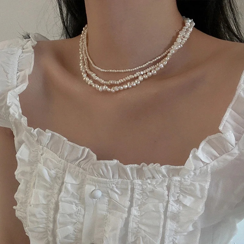 Minar Multiple French Natural Freshwater Pearl Necklace for Women Elegant Irregular Pearls Chokers Necklaces Wedding Jewelry 251016