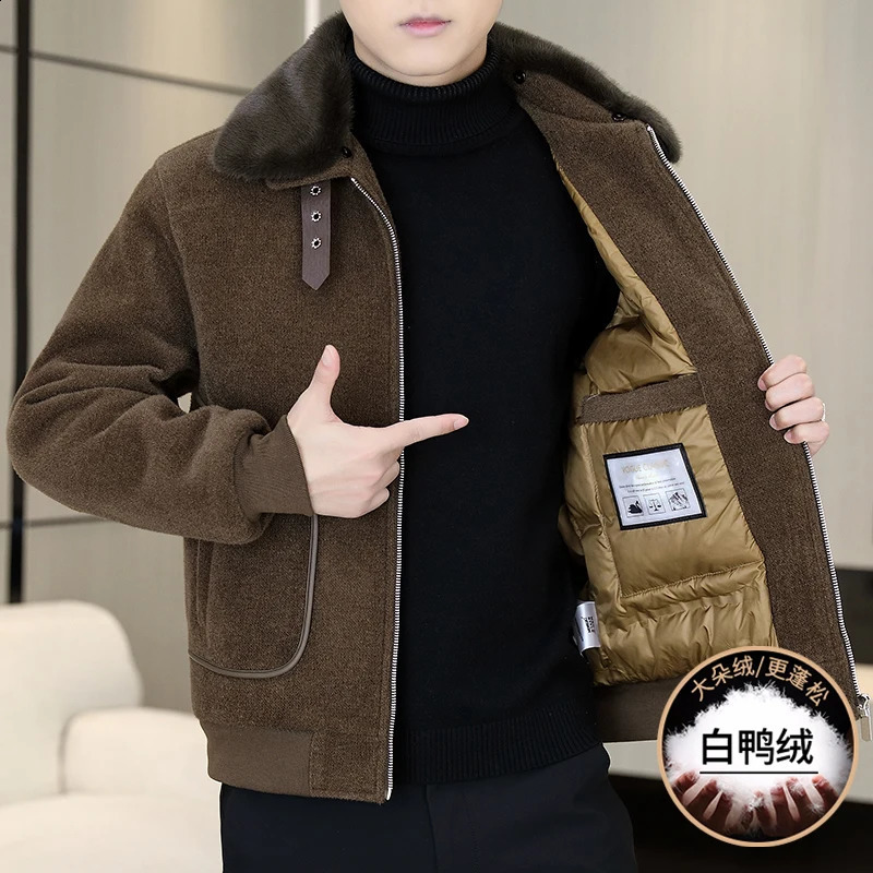 HighQuality Mens Short Woolen Puffer Coats Winter Detachable Fur Collar Warm White Duck Down Jacket Casual Thicken Parkas 251020