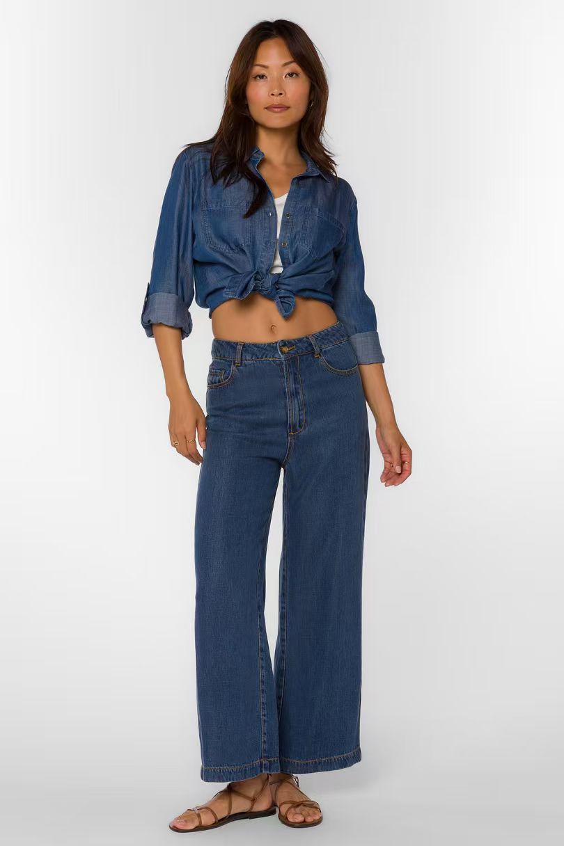 Advanced women's denim button up shirt - Selena Calva shirt, an ideal choice for casual and office wear, a must-have for multifunctional and comf