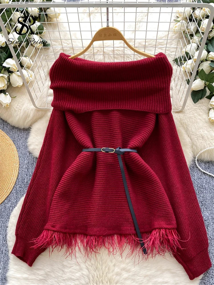 SINGREINY Autumn Versatile Elegant Tassel Sweater Women Long Sleeves Sashes Winter Knitted Top Off Shoulder Trend Thick Pullover 251023