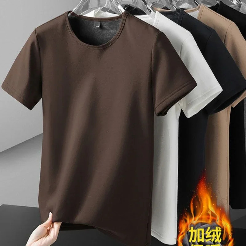 Men Thermal Underwear Tops Fleece Thickened Short Sleeve Slim Round Neck Bottom Shirt Velvet Comfortable Warm Solid Pullover 251018
