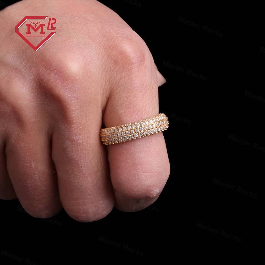 Custom Fashion Jewelry 925 Sterling Silver Gold Plated Iced Rings Hip Hop Gra Round Moissanite Diamond for Mens Hiphop Ring